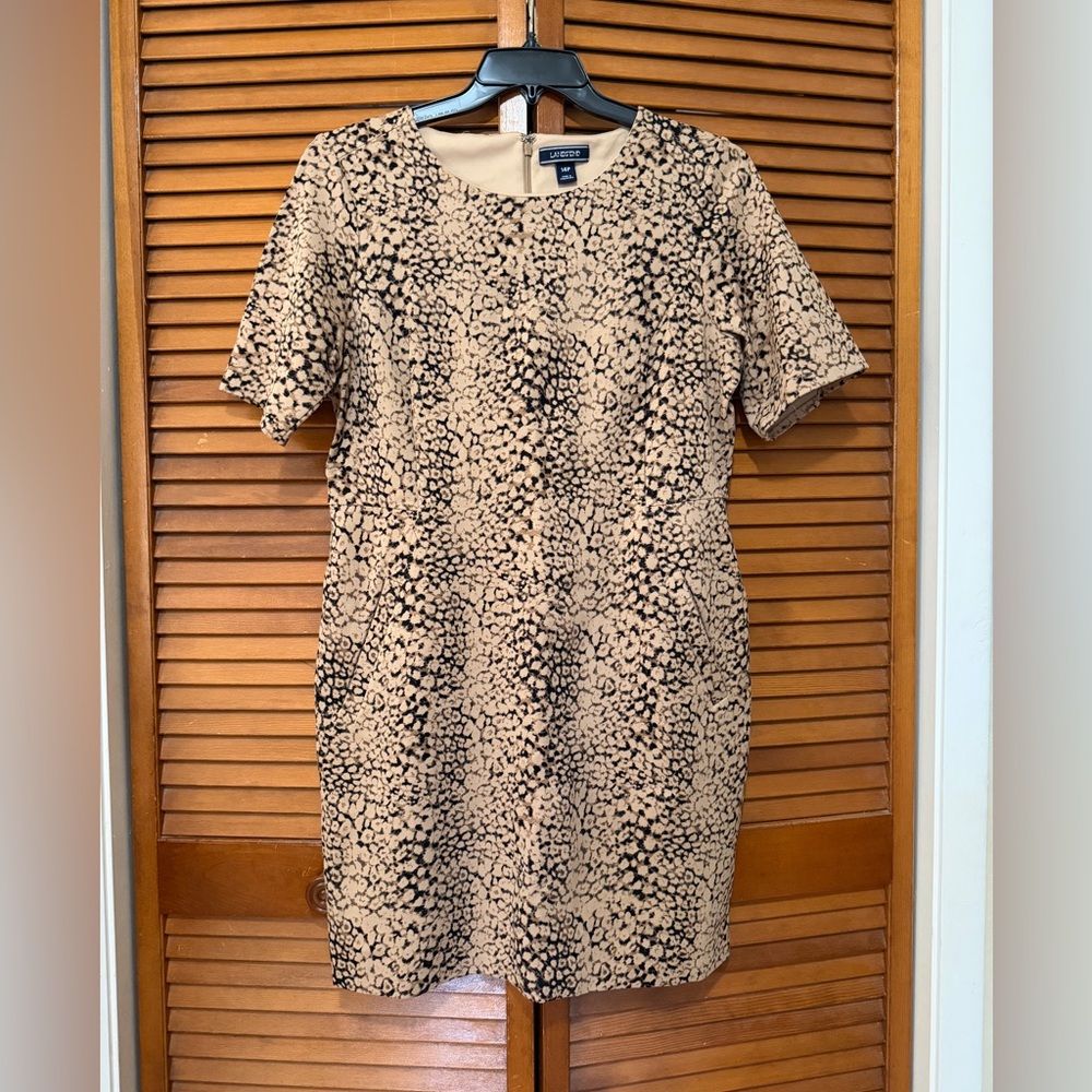 Lands' End Black and Tan Animal Print Mini Dress With Pockets, Size 14P.